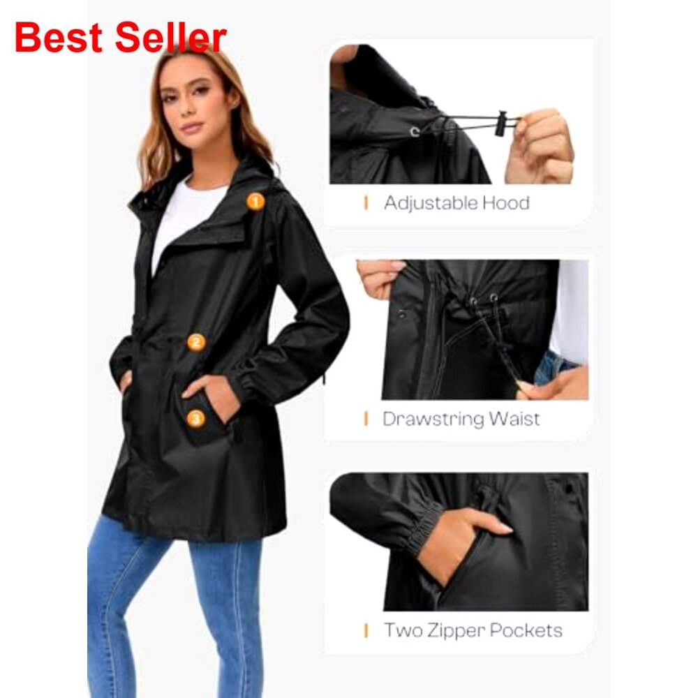 Lightweight Packable Long Rain Jacket Hooded Tren… - image 5